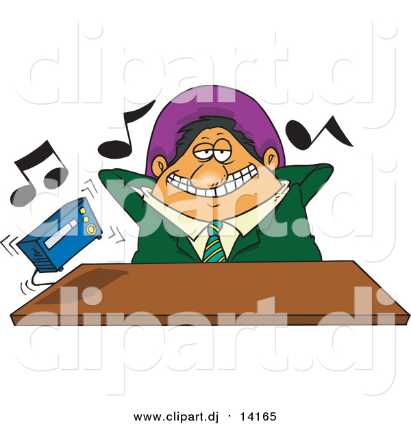 Cartoon Vector Clipart of a Cartoon Lazy Male Boss Listening to Loud Music