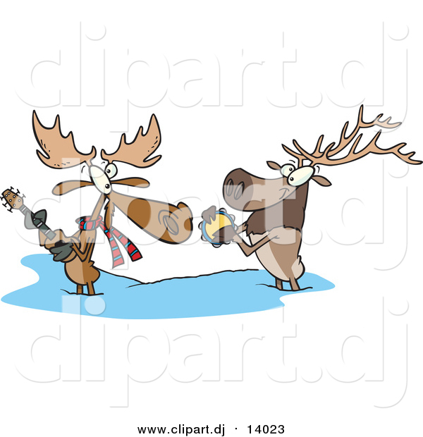 Cartoon Vector Clipart of a Cartoon Moose and Elk Playing Music in the Snow