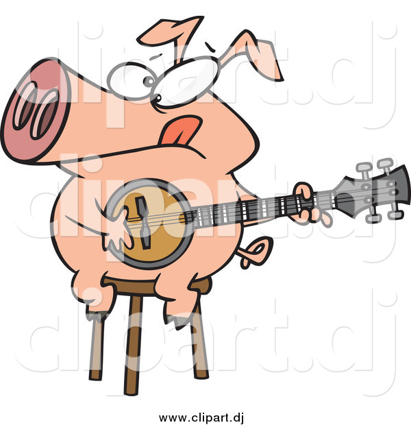 Cartoon Vector Clipart of a Cartoon Pig Playing a Banjo