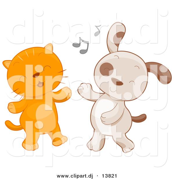 Cartoon Vector Clipart of a Cat and Dog Dancing Together
