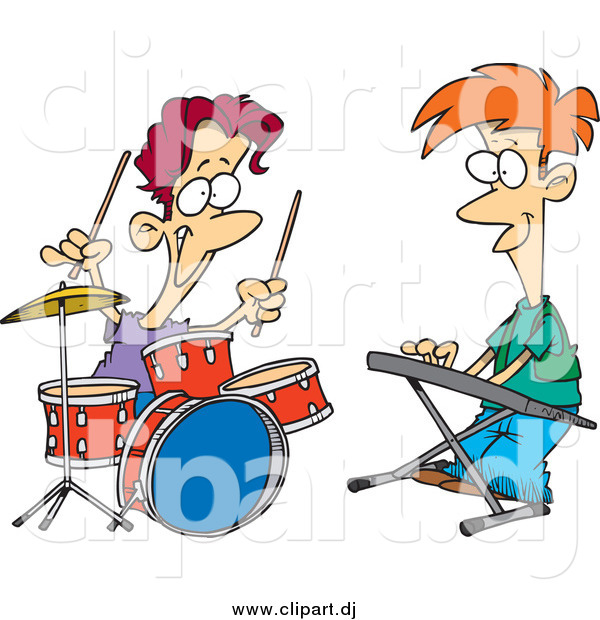 Cartoon Vector Clipart of a Caucasian Boys Drumming and Keyboarding in a Band