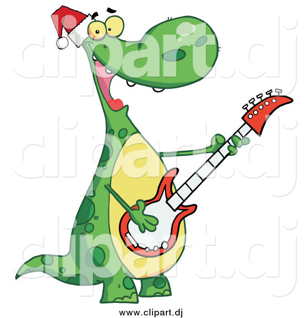 Cartoon Vector Clipart of a Christmas Dinosaur Playing Music on a Guitar