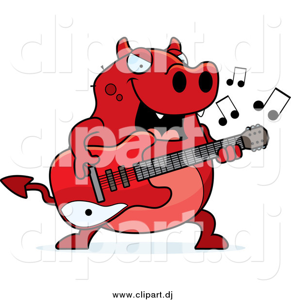 Cartoon Vector Clipart of a Chubby Red Devil Playing a Guitar