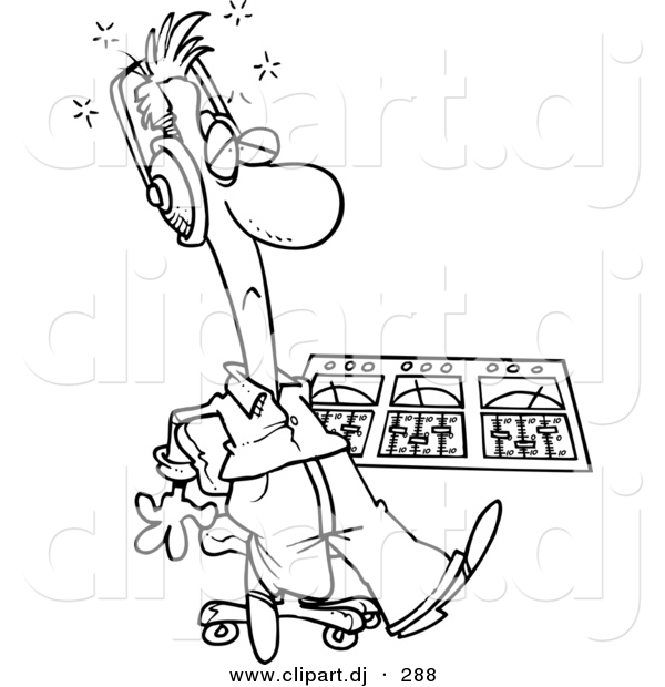 Cartoon Vector Clipart of a Coloring Page Outline: Sick Musician in His Studio in Front of Mixer