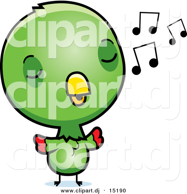 Cartoon Vector Clipart of a Cute Green Baby Parrot Singing