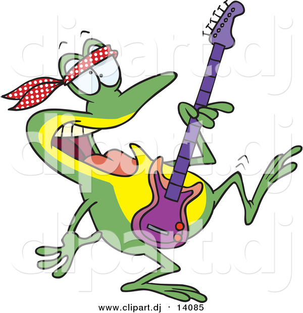 Cartoon Vector Clipart of a Dancing Guitarist Frog