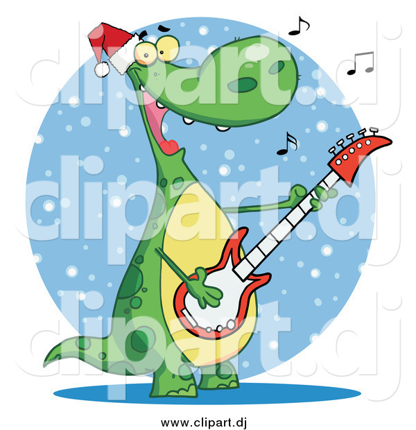 Cartoon Vector Clipart of a Dinosaur Singing Christmas Songs and Playing a Guitar