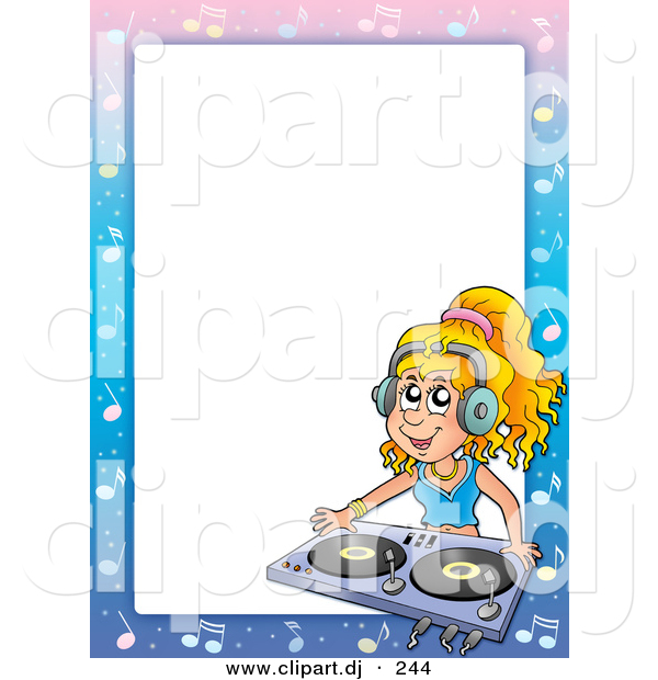 Cartoon Vector Clipart of a DJ Girl Within Border Frame Around White Space