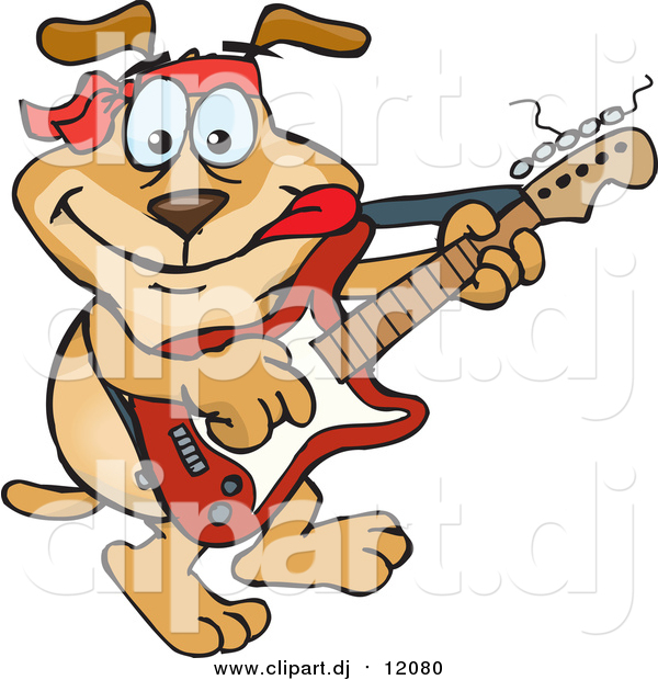 Cartoon Vector Clipart of a Dog Playing a Guitar