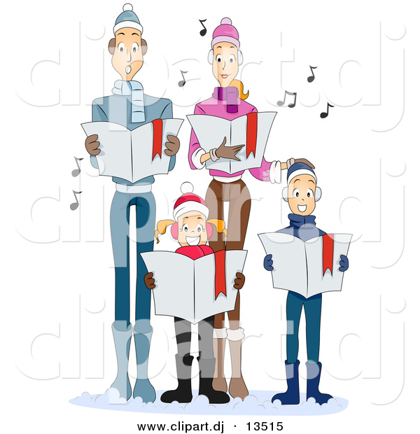 Cartoon Vector Clipart of a Family Singing Christmas Carols