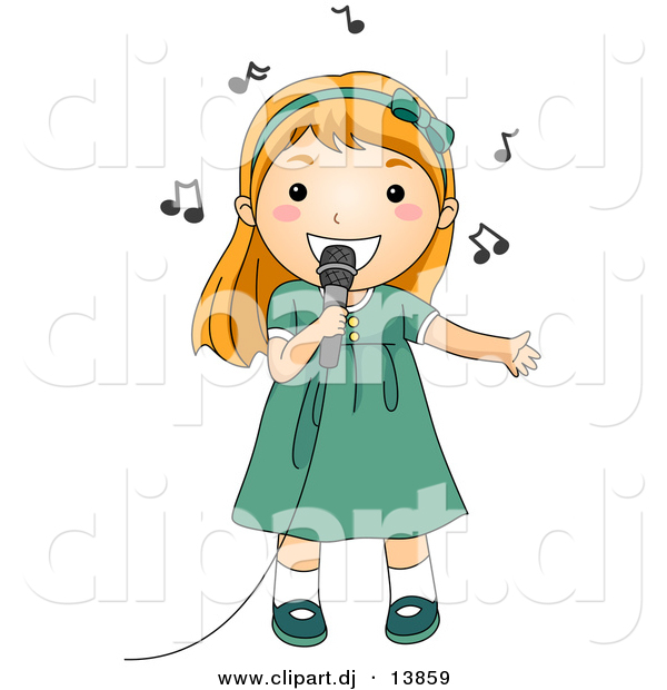 Cartoon Vector Clipart of a Girl Singing into a Microphone with Music Notes Floating Around Her Head