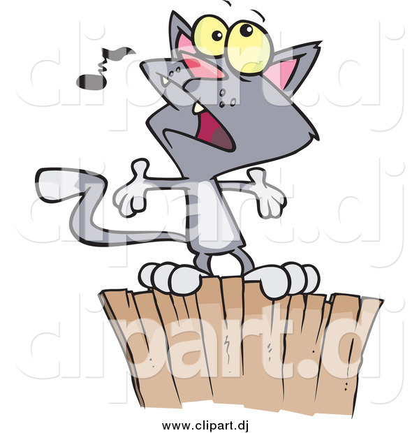 Cartoon Vector Clipart of a Gray Cat Singing on a Fence