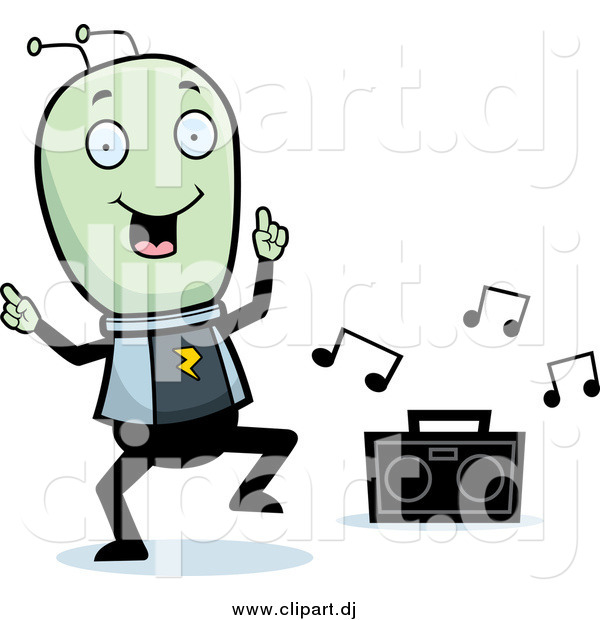 Cartoon Vector Clipart of a Green Alien Dancing to Music