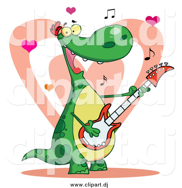 Cartoon Vector Clipart of a Guitarist Dinosaur Singing a Love Song with Hearts