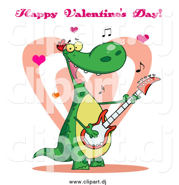 Cartoon Vector Clipart of a Guitarist Dinosaur Singing