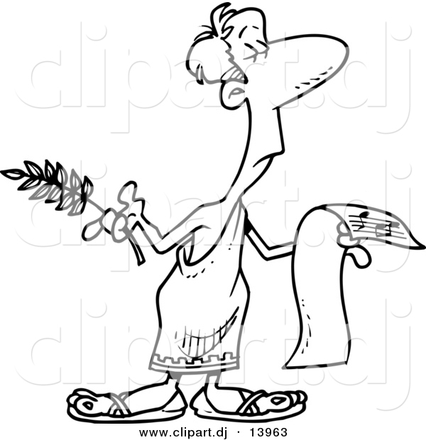 Cartoon Vector Clipart of a Guy Wearing Togat While Holding Sheet Music - Coloring Page Outline - Black and White