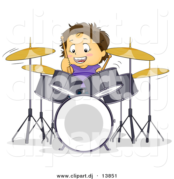 Cartoon Vector Clipart of a Happy Boy Playing Drums