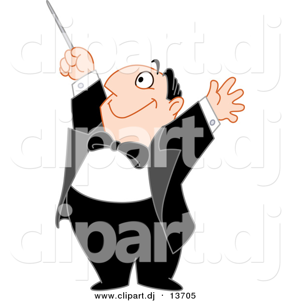 Cartoon Vector Clipart of a Happy Chubby White Music Composer Man Holding His Arms and Baton up