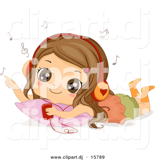 Cartoon Vector Clipart of a Happy Girl Listening to Music on a Mp3 Player