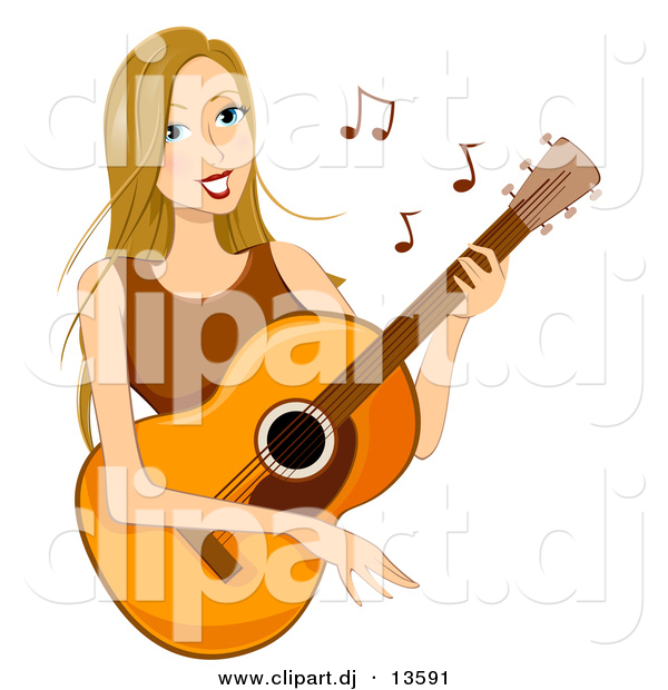 Cartoon Vector Clipart of a Happy Girl Playing Acoustic Guitar