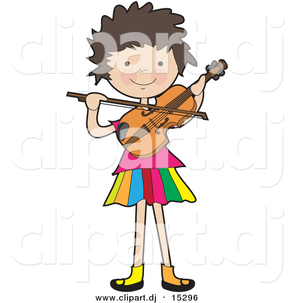Cartoon Vector Clipart of a Happy White Brunette Girl Playing a Violin