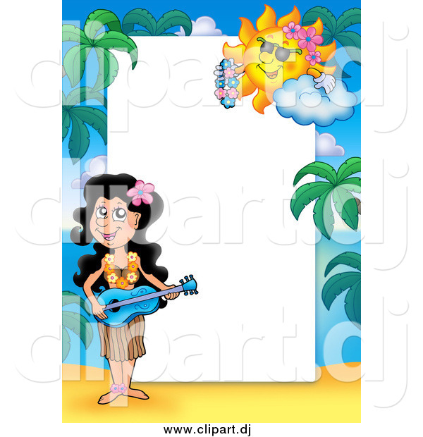 Cartoon Vector Clipart of a Hawaiian Girl Playing a Guitar Border Around Text Space