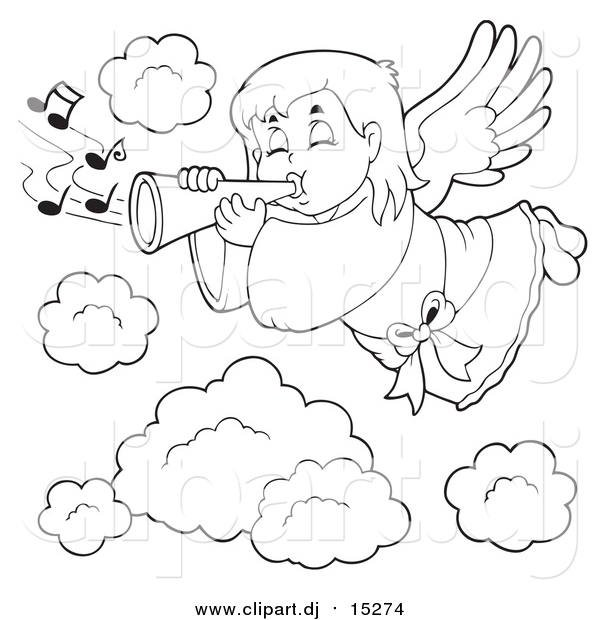 Cartoon Vector Clipart of a Lineart Angel Girl Playing a Trumpet in Heaven