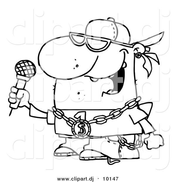 Cartoon Vector Clipart of a Lineart Rapper Dude Singing