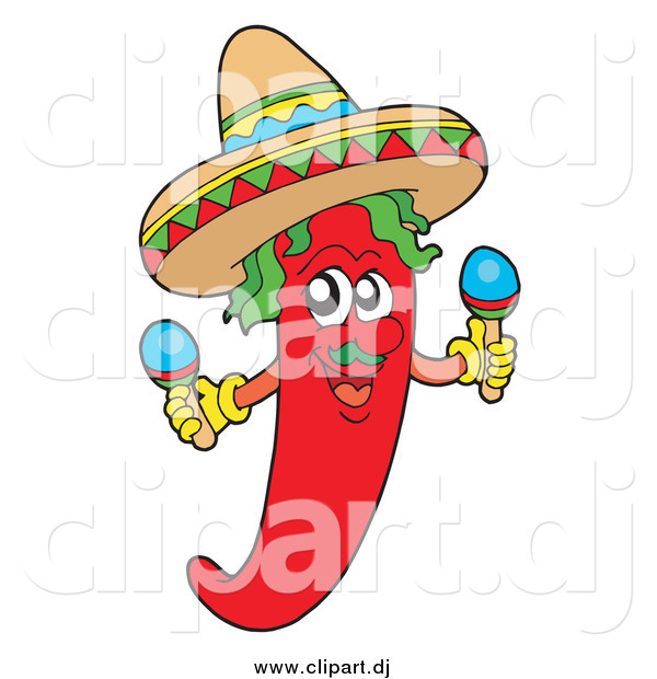 Cartoon Vector Clipart of a Mexican Chili Pepper Shaking Maracas