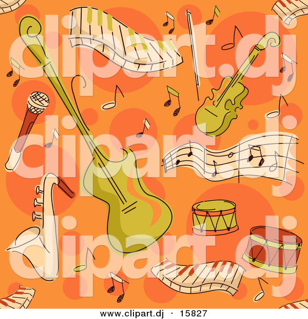Cartoon Vector Clipart of a Music Instrument Pattern - Seamless Orange Background