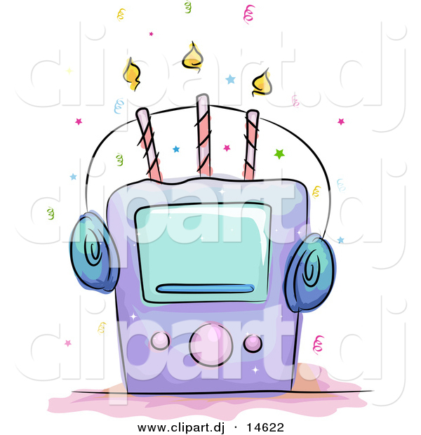 Cartoon Vector Clipart of a Music Player on a Birthday Cake with Three Candles
