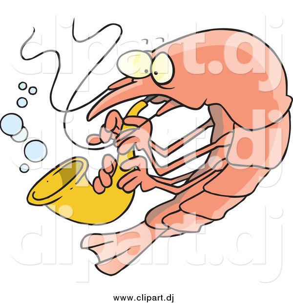 Cartoon Vector Clipart of a Musical Shrimp Playing a Saxophone