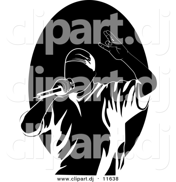 Cartoon Vector Clipart of a Performing Black and White Rapper or Hip Hop Artist Singing into a Microphone