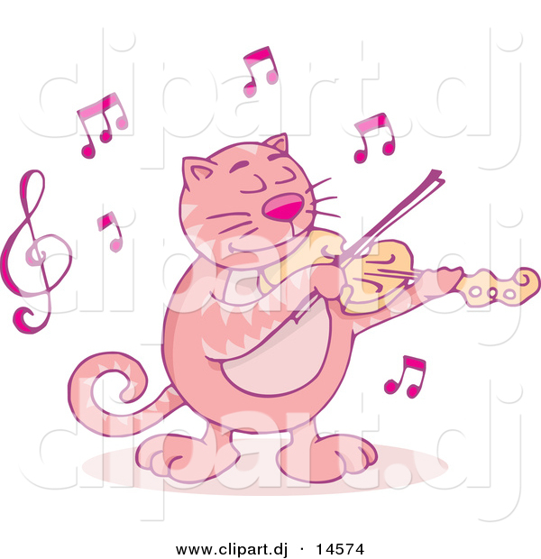 Cartoon Vector Clipart of a Pink Cartoon Cat Playing Violin