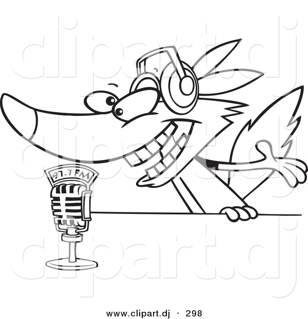 Cartoon Vector Clipart of a Radio Wolf Talking into a Microphone - Line Art Coloring Page Outline