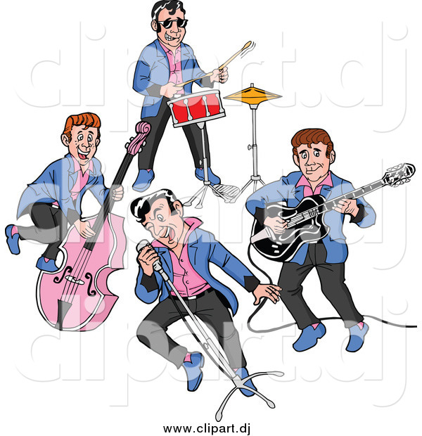 Cartoon Vector Clipart of a Rockabilly Music Band Singing and Playing the Bass Drums and Guitar