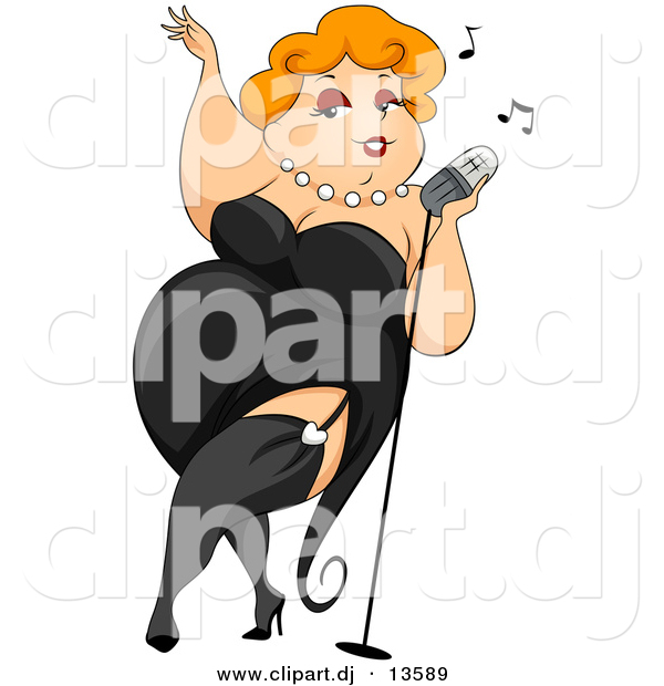 Cartoon Vector Clipart of a Sexy Obese Girl Wearing Black Dress While Singing into Microphone