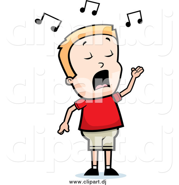 Cartoon Vector Clipart of a Singing Blond Boy with His Hand Raised