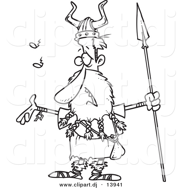 Cartoon Vector Clipart of a Singing Viking Holding a Spear - Coloring Page Outline - Black and White
