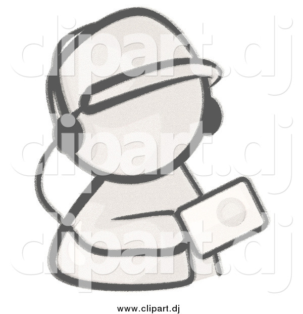 Cartoon Vector Clipart of a Sketched Man Holding an Mp3 Player