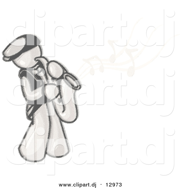 Cartoon Vector Clipart of a Sketched Man Playing Jazz with a Golden Saxophone, Music Notes Floating in the Air