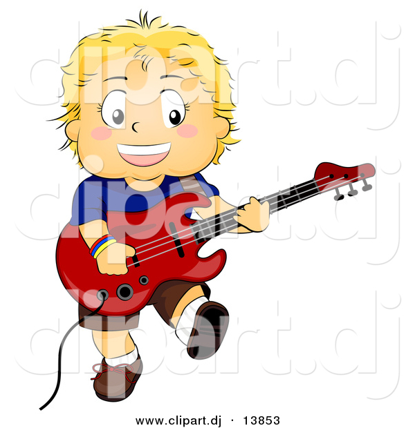 Cartoon Vector Clipart of a Smiling Boy Playing Electric Guitar