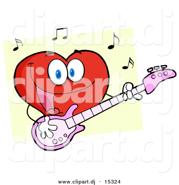 Cartoon Vector Clipart of a Smiling Love Heart Cartoon Character Playing Guitar