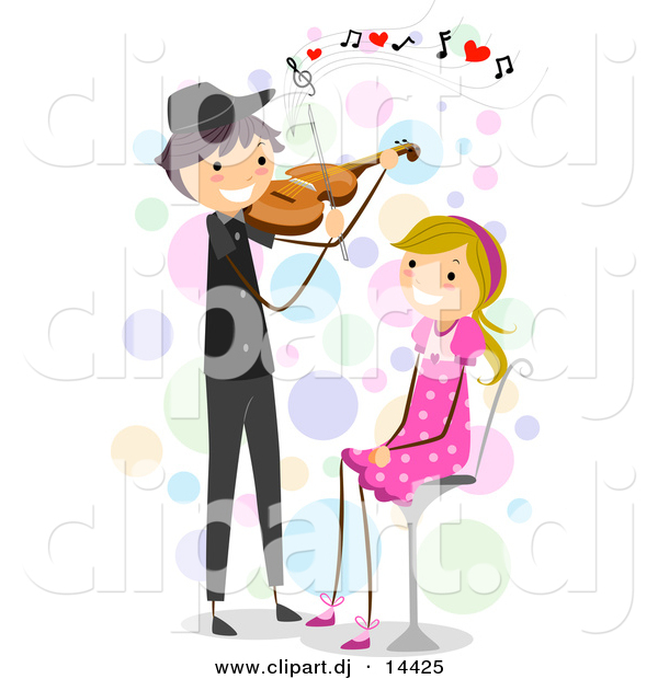 Cartoon Vector Clipart of a Stick Figure Boy Playing Violin Love Music to a Happy Girl Sitting on a Stool
