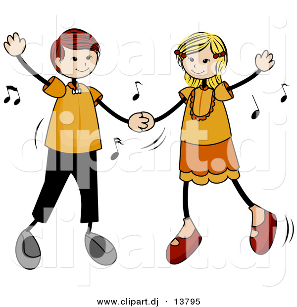 Cartoon Vector Clipart of a Stick Figure Kids Dancing to Music