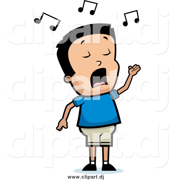 Cartoon Vector Clipart of a Talented Black Haired Boy Singing