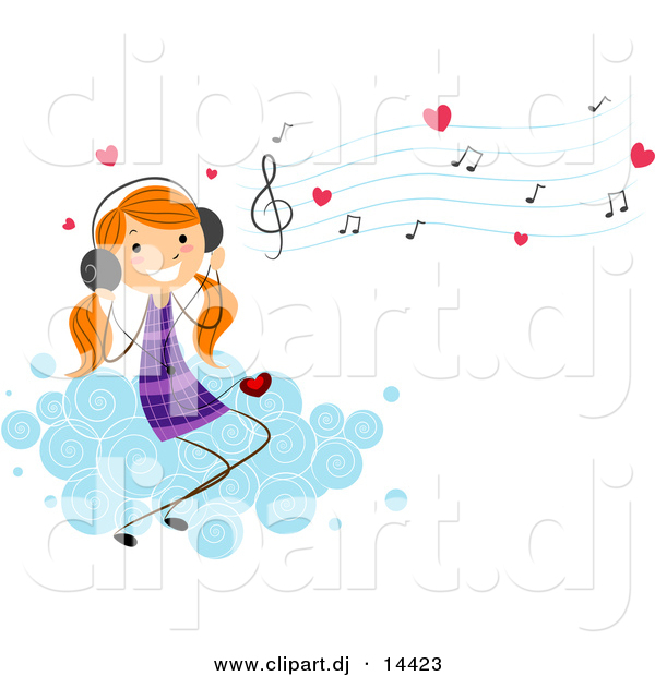 Cartoon Vector Clipart of a Valentine Stick Figure Girl Listening to Love Songs While Sitting on a Cloud