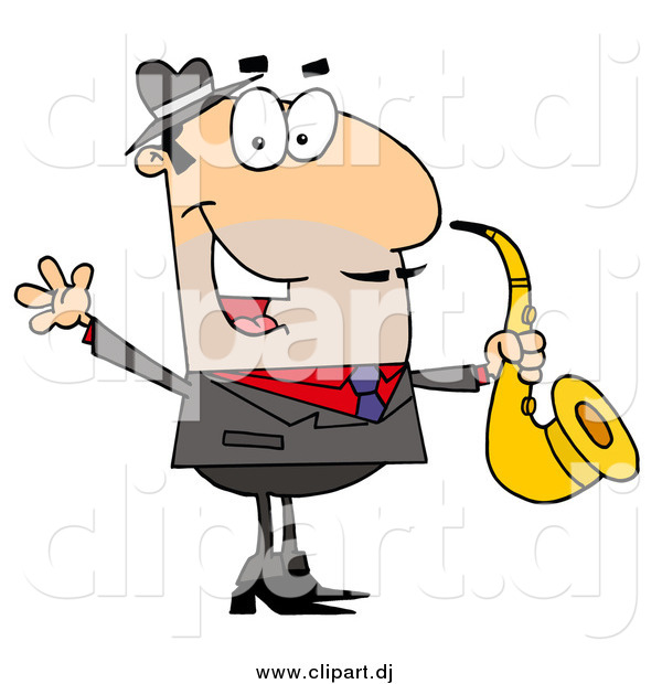 Cartoon Vector Clipart of a White Cartoon Saxophone Player Man
