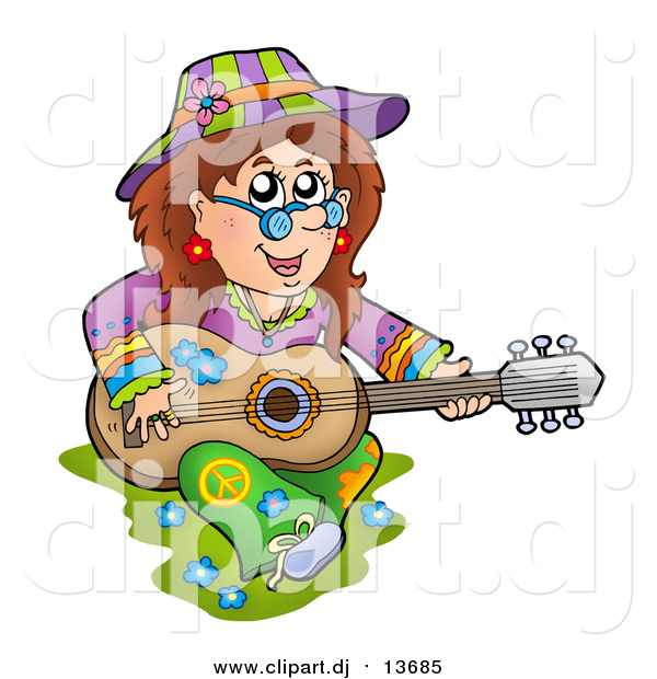 Cartoon Vector Clipart of a White Hippie Lady Playing a Guitar