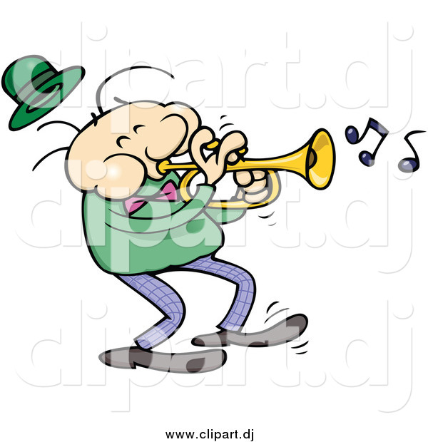 Cartoon Vector Clipart of a White Male Trumpet Musician in a Dark Green Shirt